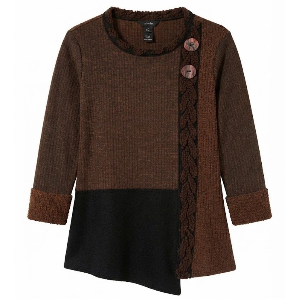 Ali Miles Womens 1X Brown Colorblock Asymmetric Tunic Sweater Faux Shearling